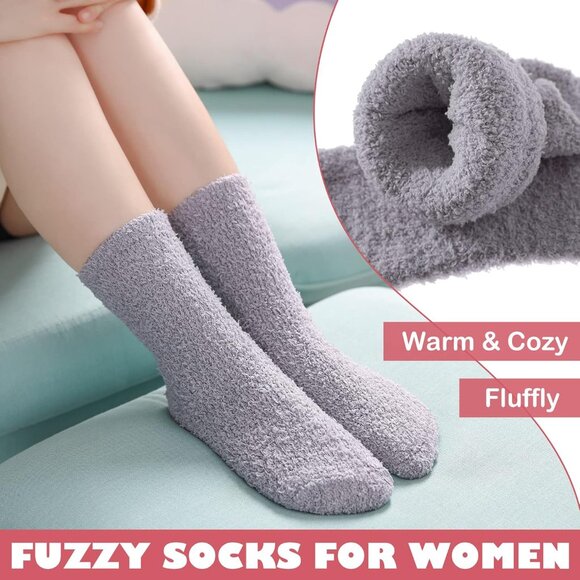 Women Fuzzy Socks Cozy Fluffy Warm Slipper Microfiber Soft Sleep Grey White - Picture 4 of 6